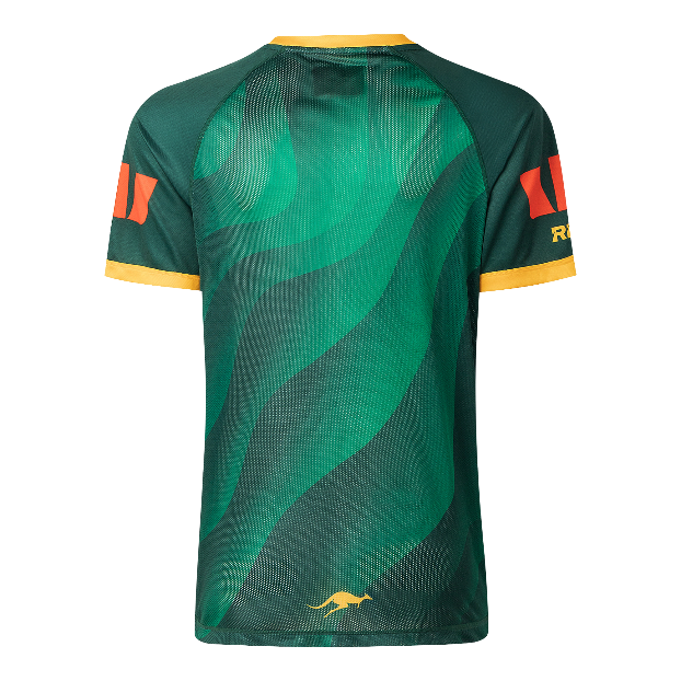 Green sports jersey with red and yellow accents