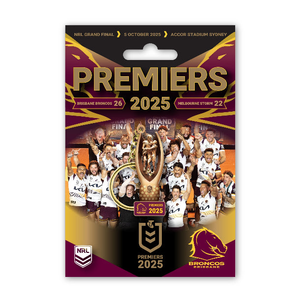 Brisbane Broncos' 2025 premiership celebration with team images and trophy.