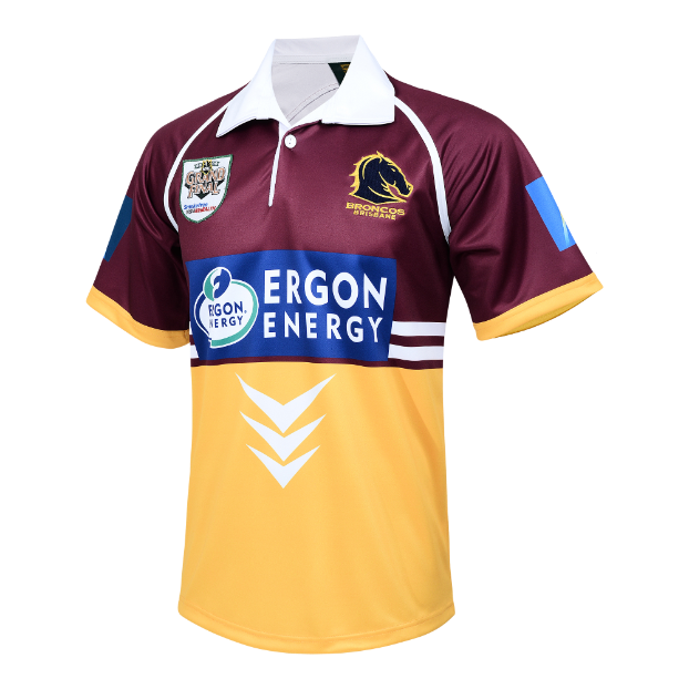 A Brisbane Broncos 2000 Retro Jersey featuring a gold and maroon color scheme with a white collar, white stripes at the sleeves, and sponsor branding on the chest.