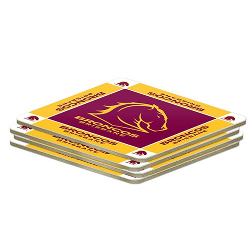 Set of four Broncos coasters with a logo on a maroon background