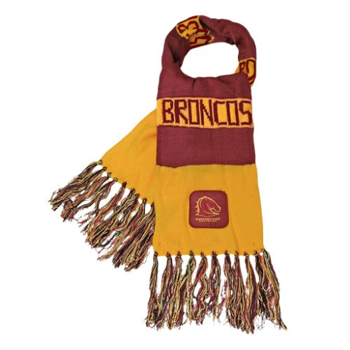 A traditional knit scarf featuring the Brisbane Broncos team colors and logo with a bar pattern design and fringes.