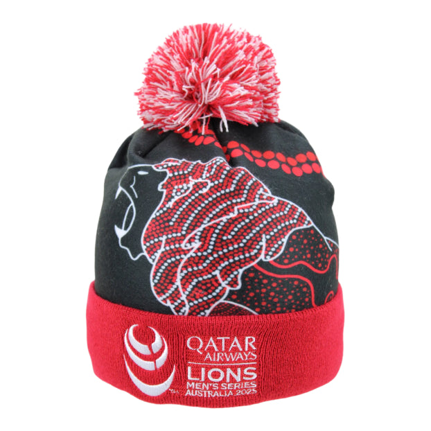 Black and red beanie with a pom-pom, featuring a logo and text on a white background