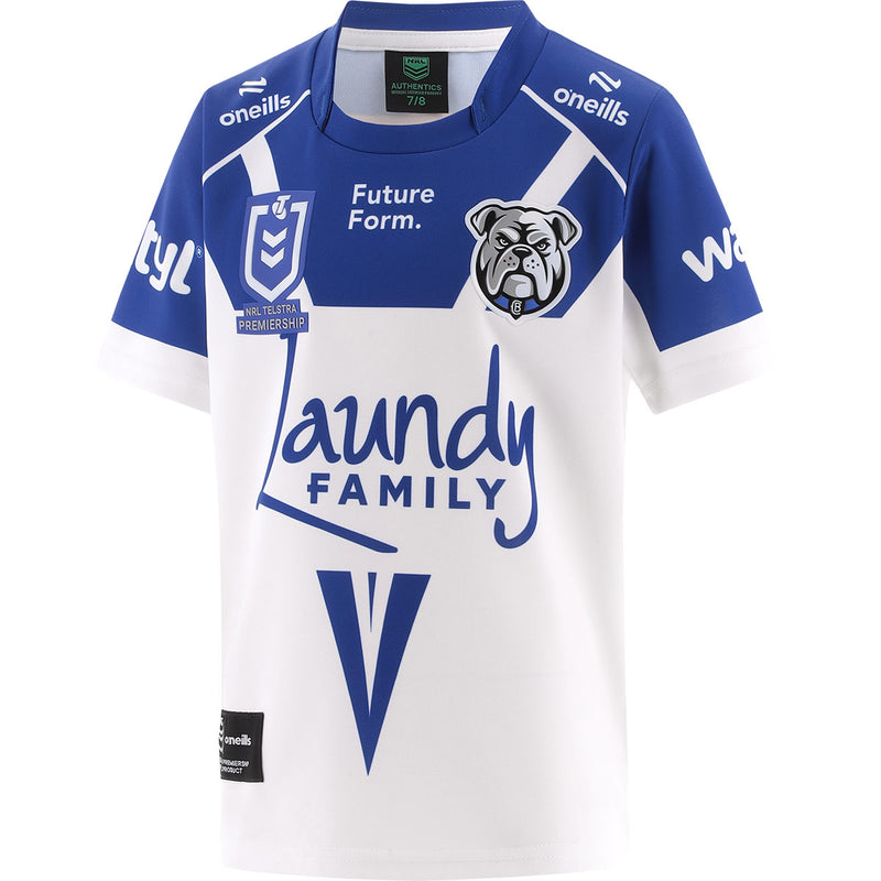 Blue and white sports jersey with branding