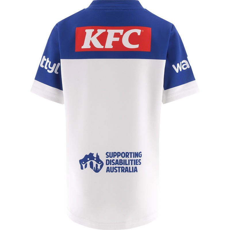 White and blue sports jersey with KFC logo on the back, featuring 'Supporting Disabilities Australia' text.