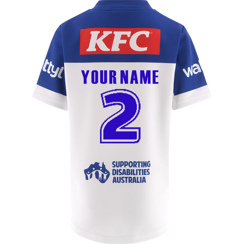 White sports jersey with blue accents and KFC branding