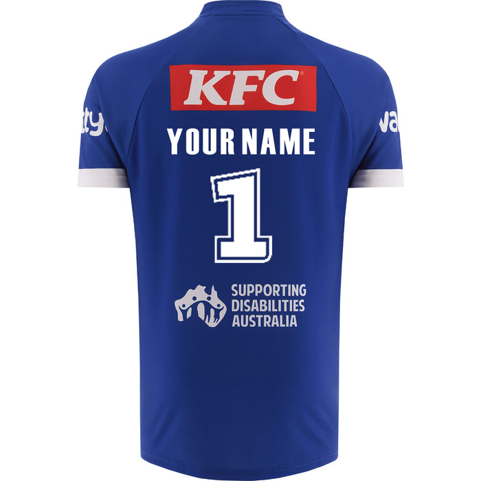 Blue sports jersey with KFC branding and text on a white background
