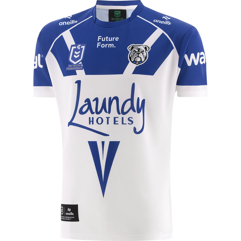 White sports jersey with blue accents featuring various logos on a white background