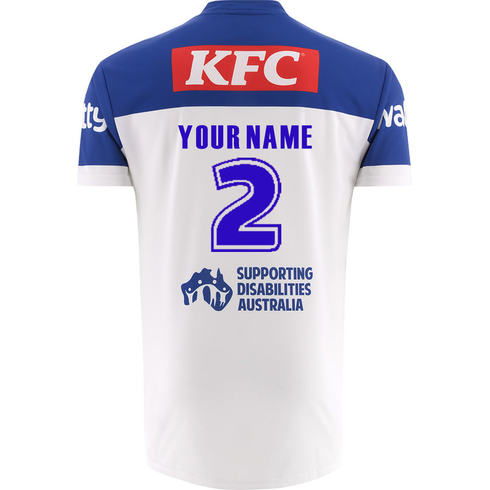 White sports jersey with blue accents, featuring KFC branding and text on a white background