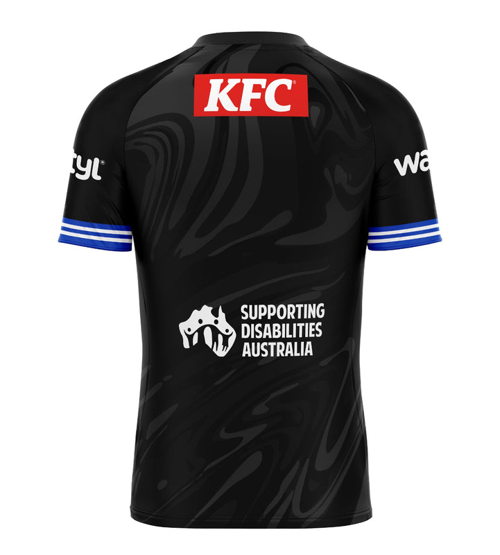 Black sports jersey with KFC and Supporting Disabilities Australia logos on a white background
