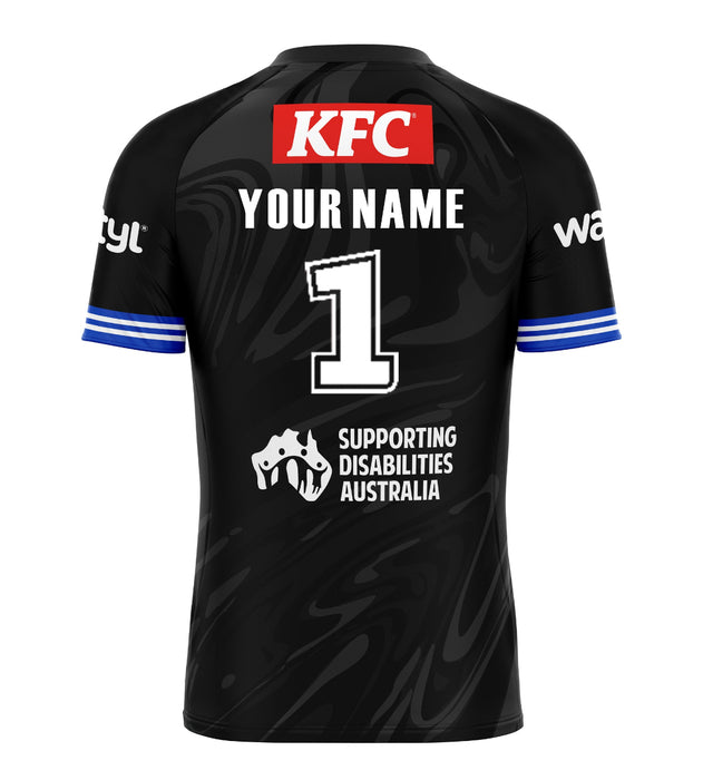 Black sports jersey with KFC branding and customizable text on a white background