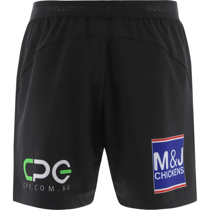 Black shorts with visible branding on a white background