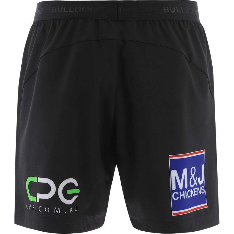 Black shorts with visible branding on a white background