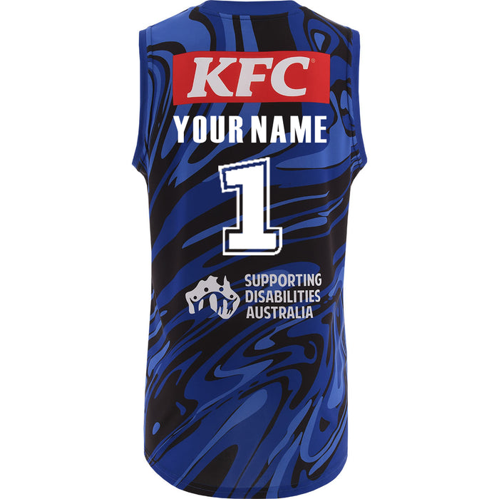 Blue sports jersey with KFC branding and customizable text on a white background