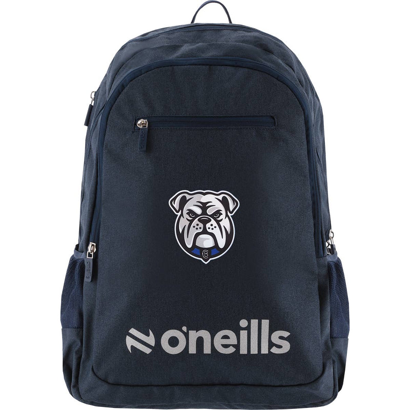 Navy backpack with bulldog logo and 'oneills' branding on a white background