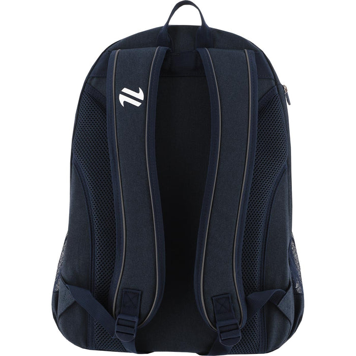 Navy blue backpack with a brand logo on a white background