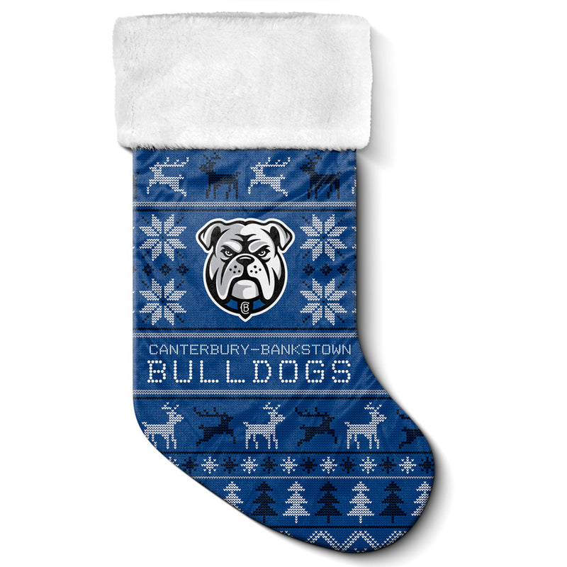 Christmas stocking with Canterbury-Bankstown Bulldogs logo and design on a blue background