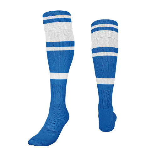 A pair of blue Canterbury Bulldogs replica player socks with white stripes and ribbing detail.