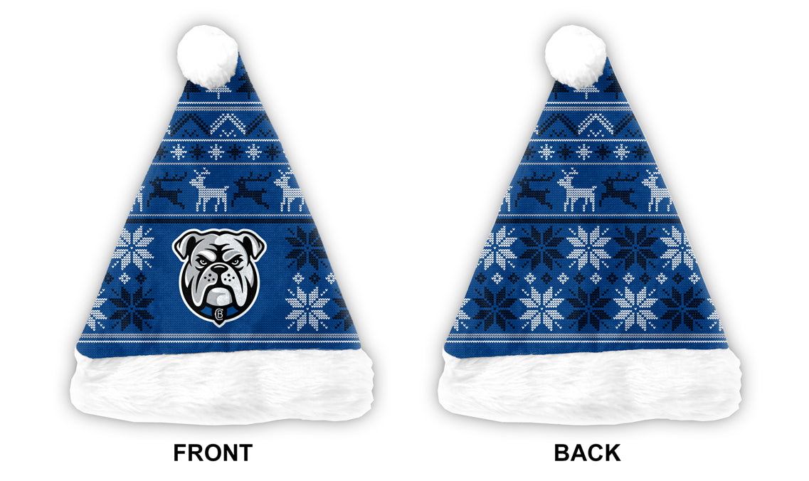 Blue and white patterned Santa hat with bulldog logo on a white background