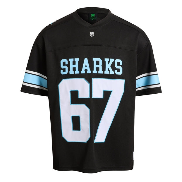 Black NRL gridiron jersey with 'Sharks' and number '67'