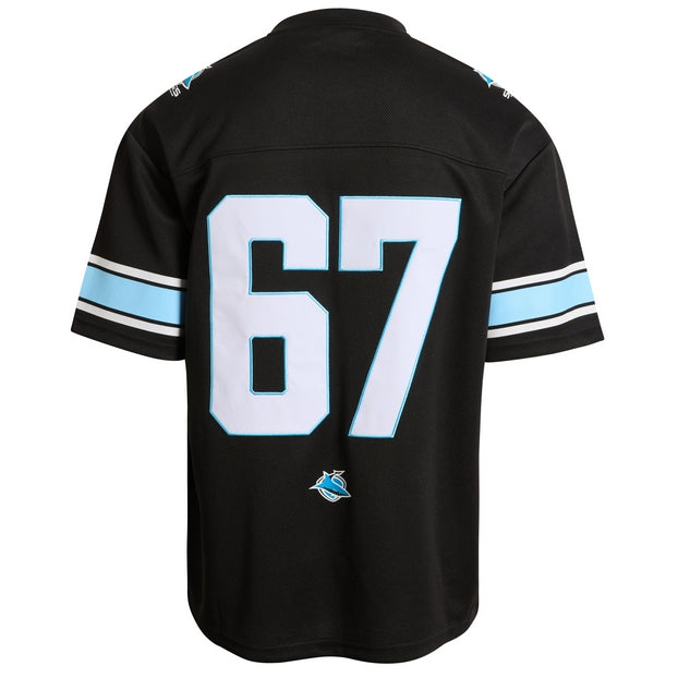 Black NRL gridiron jersey with number 67 on