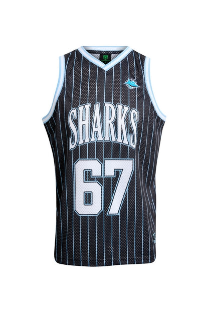 Black NRL basketball singlet with 'Sharks' and number '67'