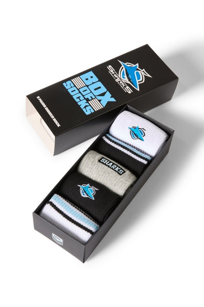 Box of NRL socks with Sharks logo on