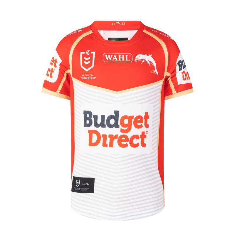 Red and white sports jersey with various logos on a white background