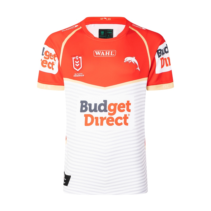 Red and white sports jersey with various brand logos on a white background