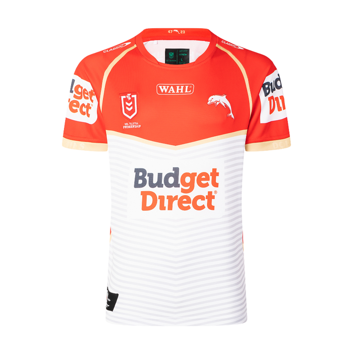 Red and white sports jersey with various brand logos on a white background