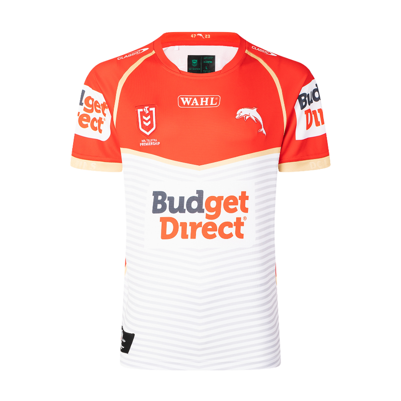 Red and white sports jersey with various brand logos on a white background