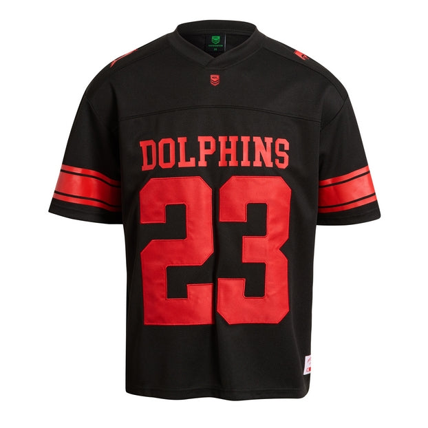 Black NRL gridiron jersey with 'DOLPHINS' and number '23' on