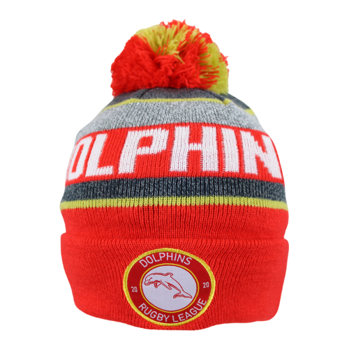 A fleece-lined Dolphins beanie with a multicolored pom pom, featuring the team name around the head and an embroidered team patch.