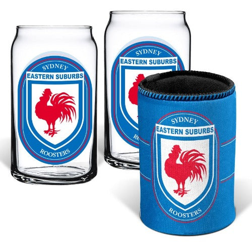 Sydney Roosters Stubby Cooler and Glasses