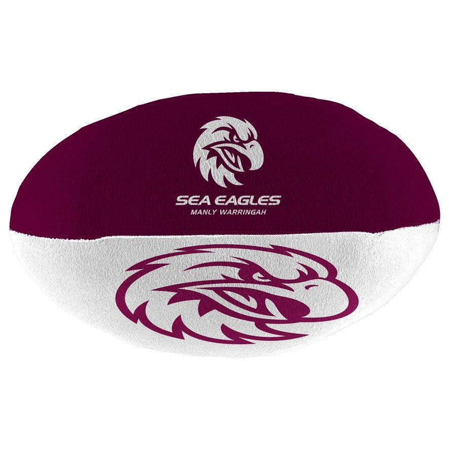 Maroon and white rugby ball with Sea Eagles logo on a white background