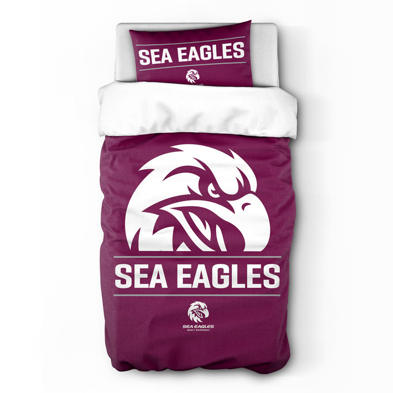 Maroon bedding set with 'Sea Eagles' logo