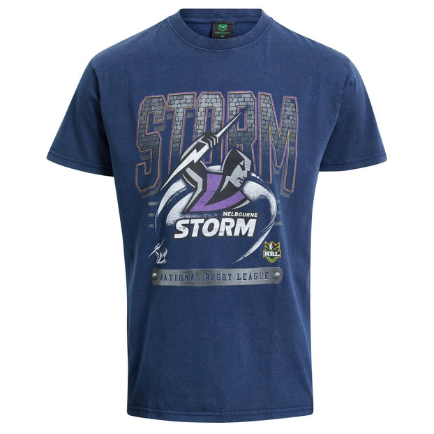 Blue t-shirt with Melbourne Storm rugby league logo on