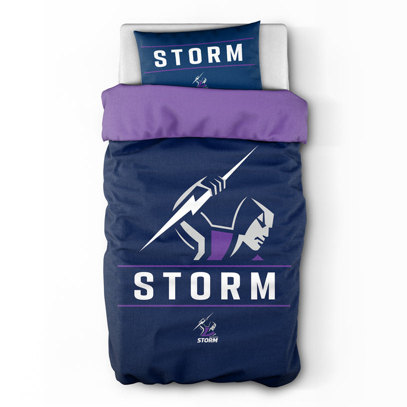 Navy and purple bedding set with 'STORM' branding and logo