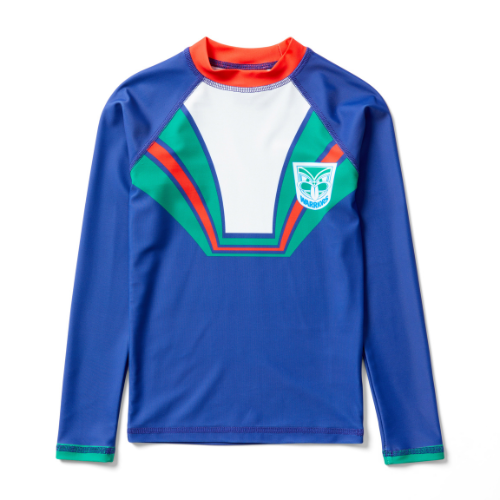Kids rash guard with long sleeves, predominantly blue with green and red accents, featuring a logo on the chest.