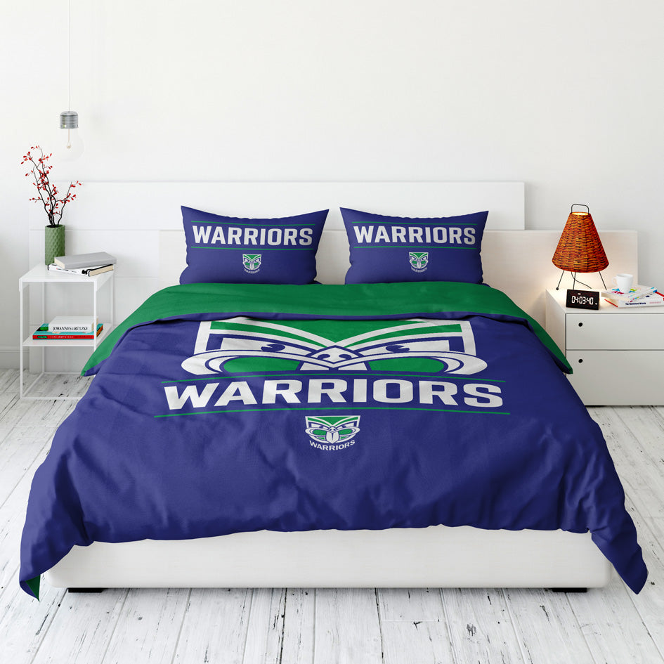 Bedding set with 'Warriors' branding and logo