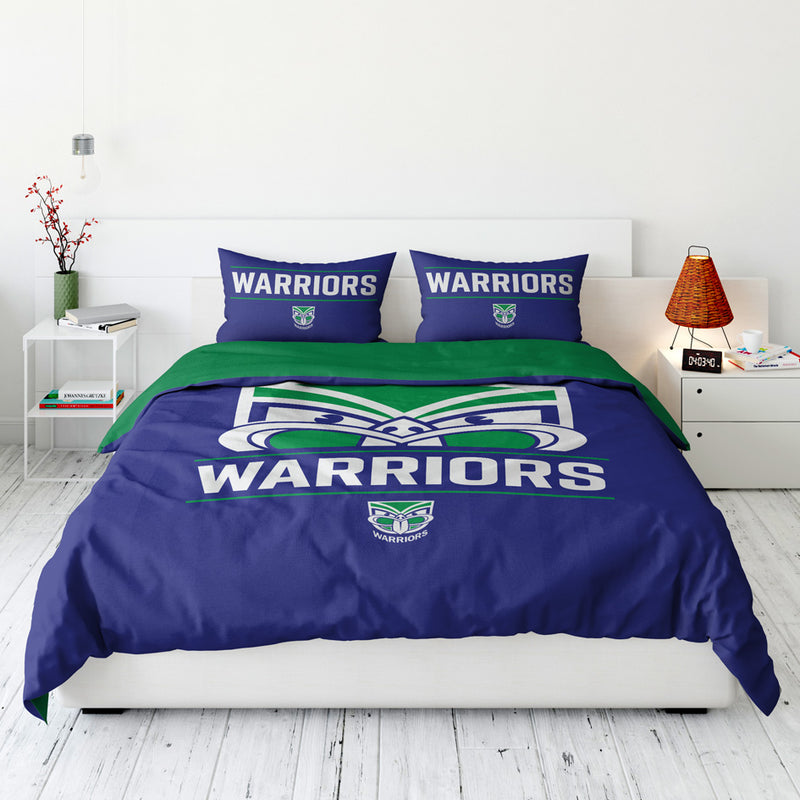 Bedding set with 'Warriors' branding and logo