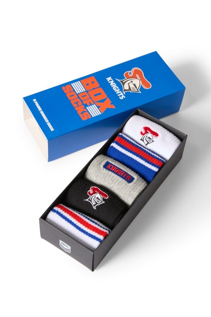 Box of NRL socks with Knights logos on