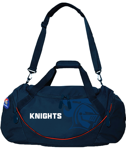 A navy sports bag with the Newcastle knights logo in white and maroon with a 3D rubber logo, heavy duty ripstop nylon, zippered wet compartment, and dual carry handles.