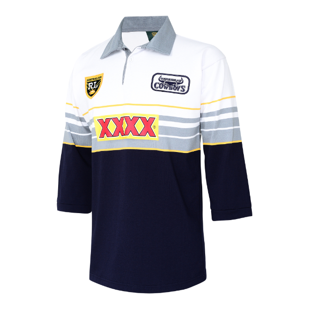 North Queensland Cowboys 1995 Away Retro Jersey with long sleeves, featuring a white and blue color scheme with a XXXX sponsor logo on the front and a team logo badge.