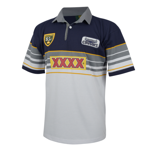 North Queensland Cowboys 1995 Home Retro Jersey with navy blue and white colors, featuring a XXXX sponsor logo on the front and a team logo badge.