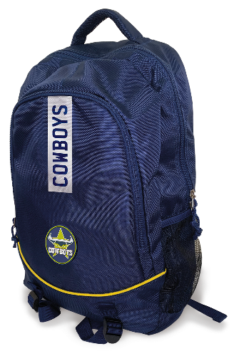 A navy North Queensland Cowboys backpack with a 3D rubber logo, side drink bottle holders, and a padded compartment for electronic devices.