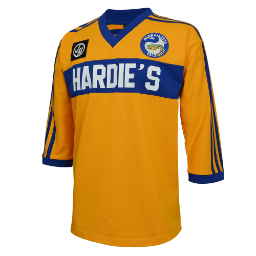 A Parramatta Eels 1981 retro jersey in yellow and blue colors with the Hardie's sponsor logo on the front and a team logo badge.