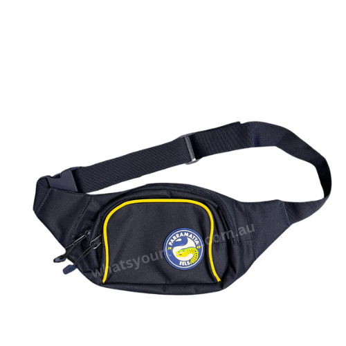 A black Parramatta Eels bumbag with yellow trim and the team's logo on the front. It has an adjustable strap and a double zip closure.