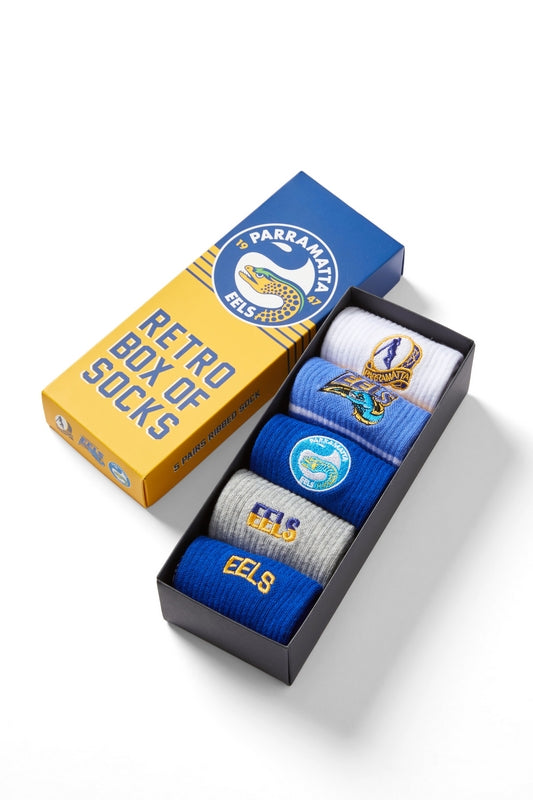 A boxed set of Parramatta Eels retro socks, including five pairs of crew socks with embroidery, presented in a black and yellow box with the team's logo and 'RETRO SOCKS' text.