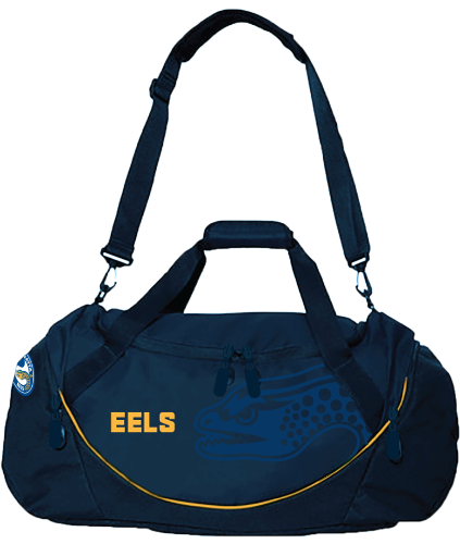 A navy sports bag with the Parramatta Eels logo in yellow and white with a 3D rubber logo, heavy duty ripstop nylon, zippered wet compartment, and dual carry handles.