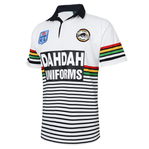 Penrith Panthers 1991 Retro Away Jersey featuring a black and white striped pattern with colorful accents and a sponsor's name on the front.